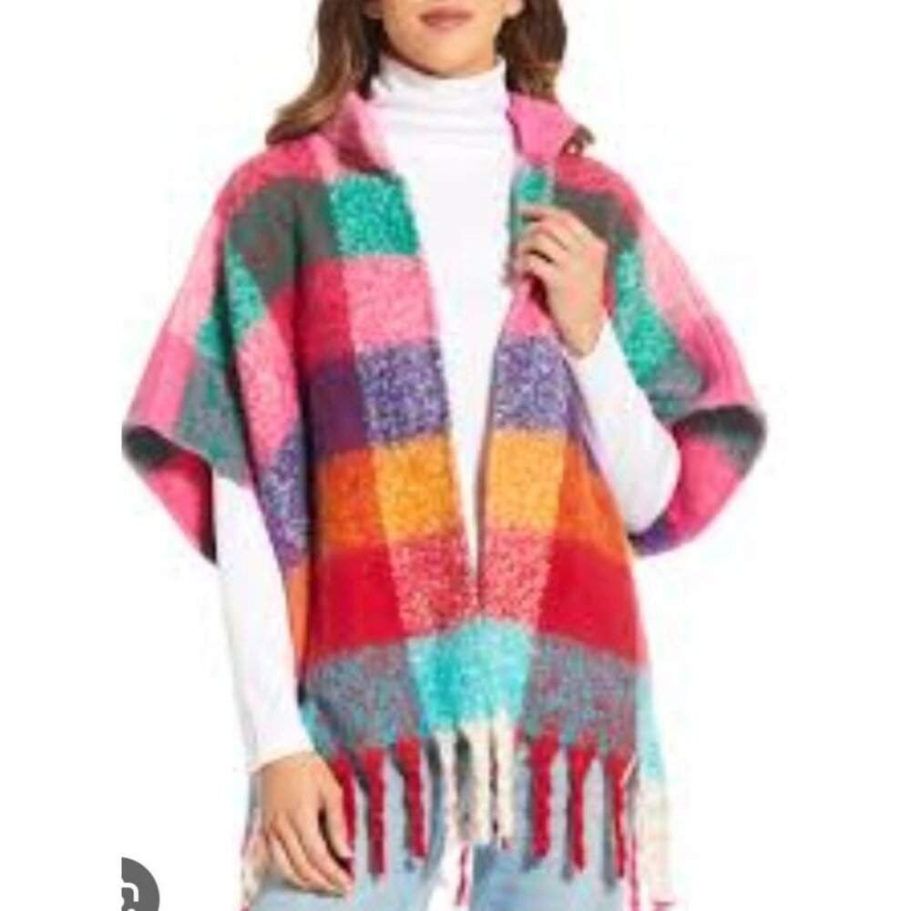 Anna & Ava Multicolor Plaid Open Front Poncho With Fringe Hem 100% Polyester O/S
